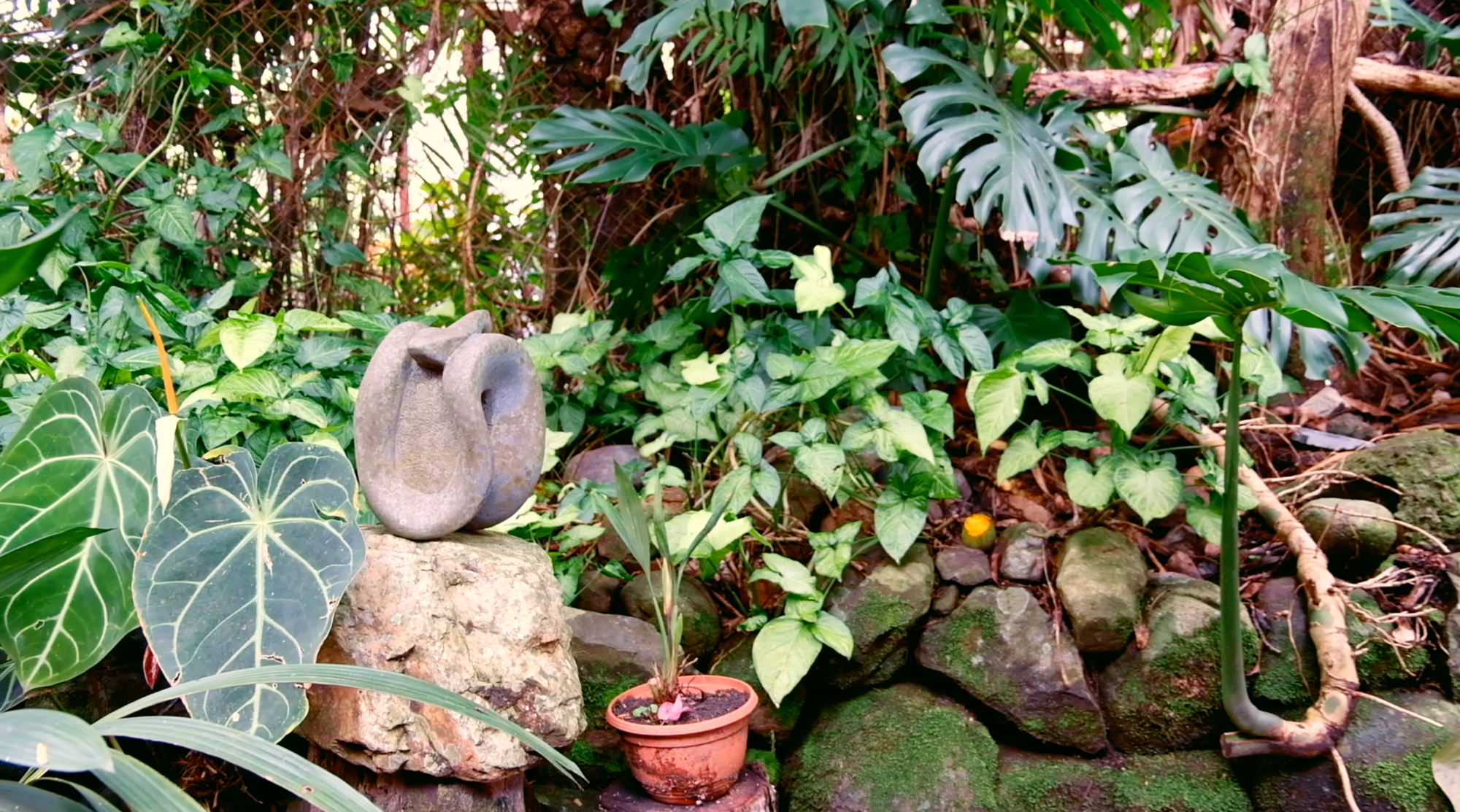 Una escultura de una serpiente hecha en piedra -- probablemente de un rio -- con tonos morados y grises pastel. Escultor: José Sancho Benito